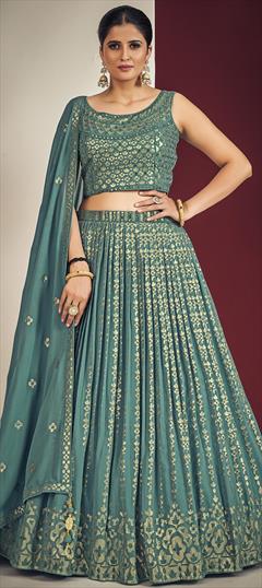 Bridal, Reception, Wedding Blue color Ready to Wear Lehenga in Georgette fabric with A Line Mirror, Sequence work : 1865359