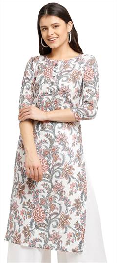 Party Wear Red and Maroon, White and Off White color Kurti in Cotton fabric with Long Sleeve, Straight Floral, Printed work : 1865483