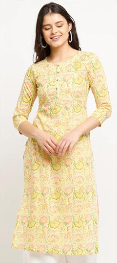 Party Wear Yellow color Kurti in Cotton fabric with Long Sleeve, Straight Floral, Printed work : 1865484