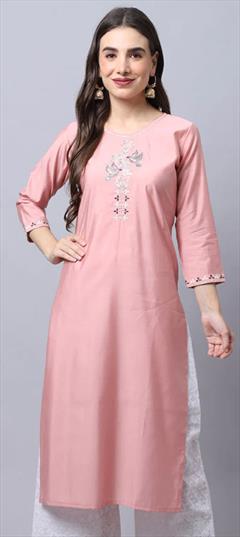 Party Wear Pink and Majenta color Kurti in Muslin fabric with Long Sleeve, Straight Embroidered work : 1865486