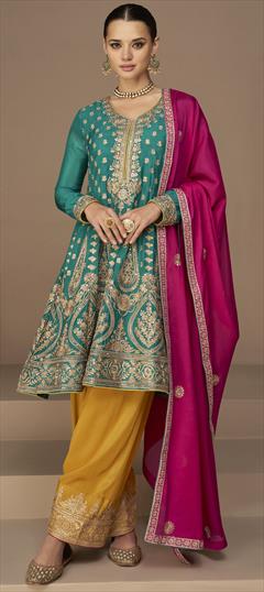 Festive, Reception Blue color Salwar Kameez in Georgette fabric with A Line Sequence, Thread, Zari work : 1865487