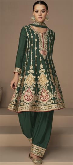 Festive, Reception Green color Salwar Kameez in Art Silk fabric with A Line Sequence, Thread, Zari work : 1865490
