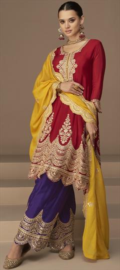 Festive, Reception Red and Maroon color Salwar Kameez in Art Silk fabric with A Line Sequence, Thread, Zari work : 1865491