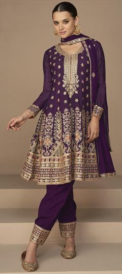 Festive, Reception Purple and Violet color Salwar Kameez in Art Silk fabric with A Line Sequence, Thread, Zari work : 1865497