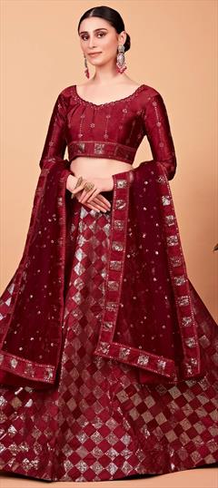 Mehendi Sangeet, Reception, Wedding Red and Maroon color Lehenga in Art Silk fabric with Umbrella Shape Embroidered, Sequence, Thread work : 1865498