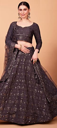 Mehendi Sangeet, Reception, Wedding Black and Grey color Lehenga in Art Silk fabric with Umbrella Shape Embroidered, Sequence, Thread work : 1865500