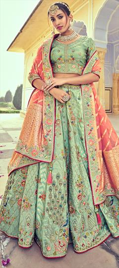 Bridal, Wedding Green color Lehenga in Banarasi Silk fabric with A Line Border, Embroidered, Resham, Stone, Zari work : 1865524