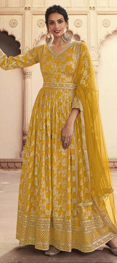 Festive, Reception Yellow color Salwar Kameez in Jacquard fabric with Anarkali Sequence, Weaving, Zari work : 1865582