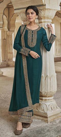Engagement, Reception Blue color Salwar Kameez in Dolla Silk fabric with Straight Embroidered, Sequence, Thread work : 1865642