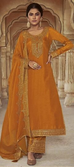 Engagement, Reception Yellow color Salwar Kameez in Dolla Silk fabric with Straight Embroidered, Sequence, Thread work : 1865646