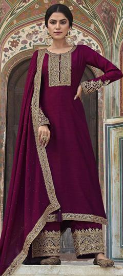 Engagement, Reception Purple and Violet color Salwar Kameez in Dolla Silk fabric with Straight Embroidered, Sequence, Thread work : 1865653