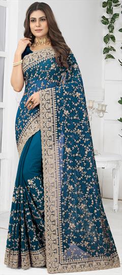 Party Wear, Reception Blue color Saree in Georgette fabric with Classic Embroidered, Stone, Thread, Zircon work : 1865687