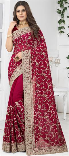 Party Wear, Reception Red and Maroon color Saree in Georgette fabric with Classic Embroidered, Stone, Thread, Zircon work : 1865697