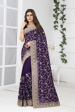 Party Wear, Reception Purple and Violet color Saree in Georgette fabric with Classic Embroidered, Stone, Thread, Zircon work : 1865700