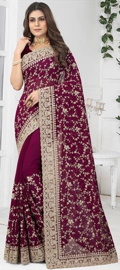 Party Wear, Reception Pink and Majenta color Saree in Georgette fabric with Classic Embroidered, Stone, Thread, Zircon work : 1865703