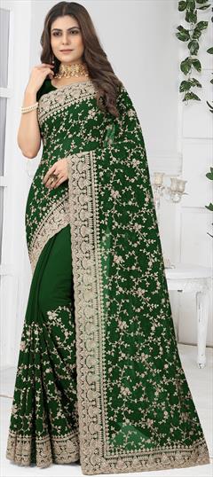 Party Wear, Reception Green color Saree in Georgette fabric with Classic Embroidered, Stone, Thread, Zircon work : 1865704
