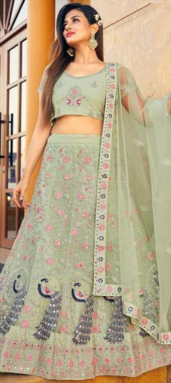 Bridal, Wedding Green color Lehenga in Net fabric with A Line Embroidered, Mirror, Resham, Stone, Thread work : 1866127