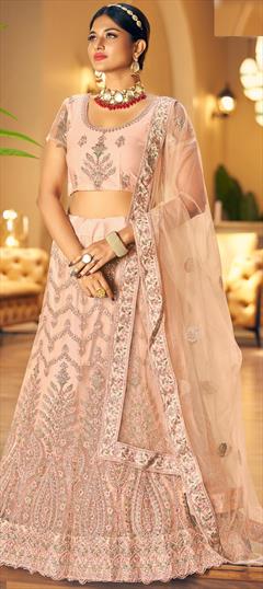 Bridal, Wedding Pink and Majenta color Lehenga in Net fabric with A Line Embroidered, Resham, Stone, Thread work : 1866128