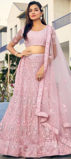 Bridal, Wedding Purple and Violet color Lehenga in Net fabric with A Line Embroidered, Mirror, Resham, Stone, Thread work : 1866130
