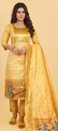 Party Wear Beige and Brown color Salwar Kameez in Art Silk fabric with Straight Weaving work : 1866300