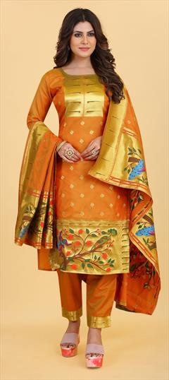 Party Wear Orange color Salwar Kameez in Art Silk fabric with Straight Weaving work : 1866302