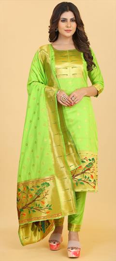 Party Wear Green color Salwar Kameez in Art Silk fabric with Straight Weaving work : 1866303