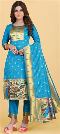 Party Wear Blue color Salwar Kameez in Art Silk fabric with Straight Weaving work : 1866305