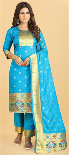 Party Wear Blue color Salwar Kameez in Art Silk fabric with Straight Weaving work : 1866316