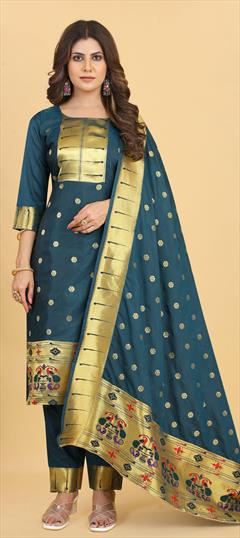 Party Wear Blue color Salwar Kameez in Art Silk fabric with Straight Weaving work : 1866320