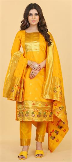 Party Wear Yellow color Salwar Kameez in Art Silk fabric with Straight Weaving work : 1866328
