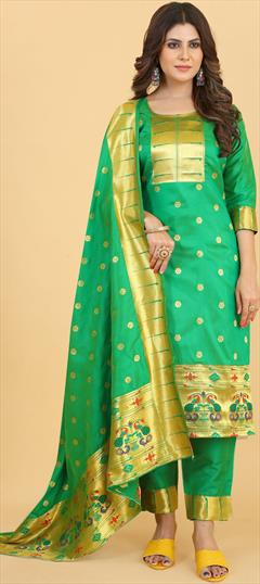 Party Wear Green color Salwar Kameez in Art Silk fabric with Straight Weaving work : 1866331