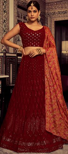 Mehendi Sangeet, Reception Red and Maroon color Lehenga in Georgette fabric with A Line Embroidered, Resham, Sequence, Thread work : 1866352