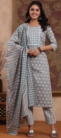 Summer Blue color Salwar Kameez in Cotton fabric with Straight Printed work : 1866417