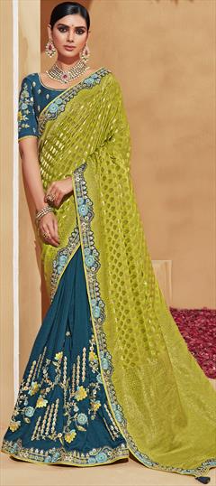 Traditional, Wedding Blue, Green color Saree in Art Silk fabric with South Border, Bugle Beads, Resham, Sequence, Weaving, Zari work : 1866469