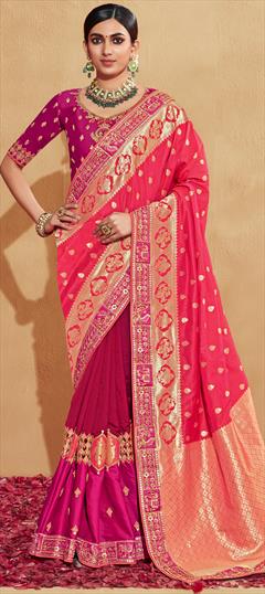 Traditional, Wedding Pink and Majenta color Saree in Art Silk fabric with South Border, Bugle Beads, Resham, Sequence, Weaving, Zari work : 1866472