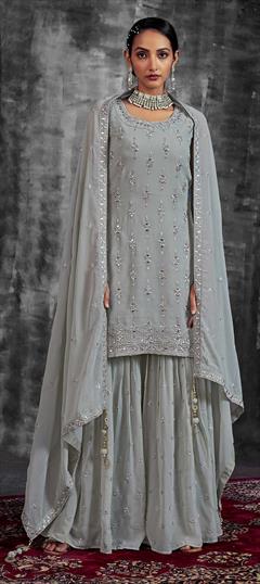 Festive, Reception Black and Grey color Salwar Kameez in Georgette fabric with Palazzo, Straight Mirror, Thread, Zari, Zircon work : 1866483