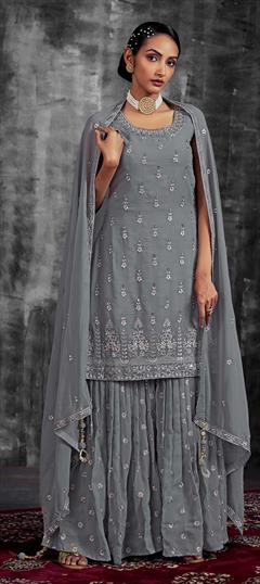 Festive, Reception Black and Grey color Salwar Kameez in Georgette fabric with Palazzo, Straight Mirror, Thread, Zari, Zircon work : 1866486