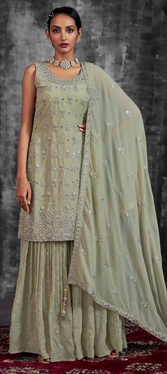 Festive, Reception Green color Salwar Kameez in Georgette fabric with Palazzo, Straight Mirror, Thread, Zari, Zircon work : 1866488