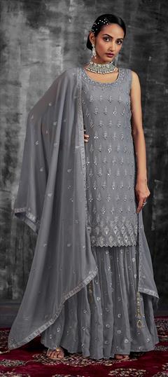 Festive, Reception Black and Grey color Salwar Kameez in Georgette fabric with Palazzo, Straight Mirror, Thread, Zari, Zircon work : 1866492