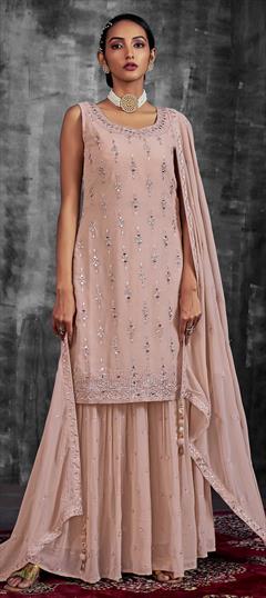 Festive, Reception Pink and Majenta color Salwar Kameez in Georgette fabric with Palazzo, Straight Mirror, Thread, Zari, Zircon work : 1866495