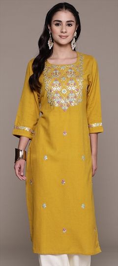 Summer Yellow color Kurti in Rayon fabric with Long Sleeve, Straight Embroidered, Gota Patti, Resham, Thread work : 1866591