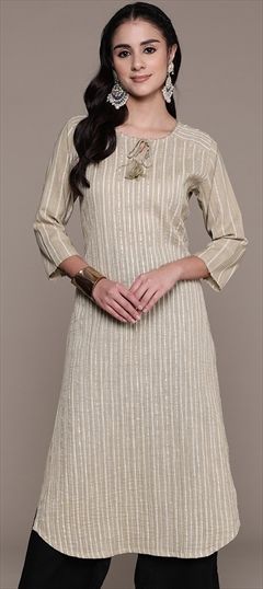 Casual Beige and Brown color Kurti in Cotton fabric with Long Sleeve, Straight Gota Patti work : 1866717