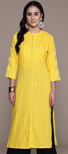 Casual Yellow color Kurti in Cotton fabric with Long Sleeve, Straight Printed, Resham, Thread work : 1866730