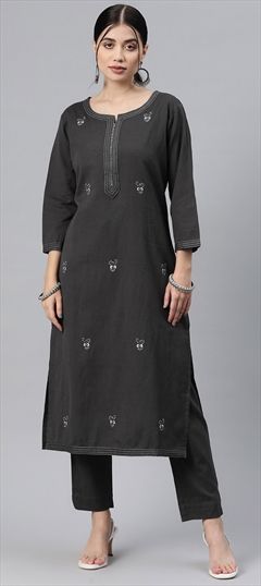 Summer Black and Grey color Salwar Kameez in Rayon fabric with Straight Embroidered, Resham, Thread work : 1866817