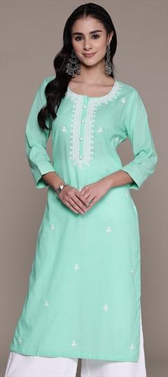 Casual, Summer Green color Kurti in Cotton fabric with Long Sleeve, Straight Embroidered, Resham, Thread work : 1866825