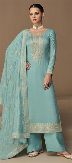 Festive, Party Wear Blue color Salwar Kameez in Art Silk fabric with Palazzo, Straight Embroidered, Sequence, Thread, Zari work : 1866854