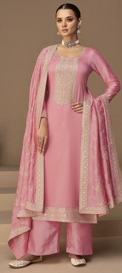 Festive, Party Wear Pink and Majenta color Salwar Kameez in Art Silk fabric with Palazzo, Straight Embroidered, Sequence, Thread, Zari work : 1866856