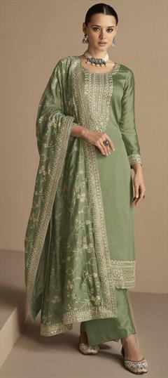 Festive, Party Wear Green color Salwar Kameez in Art Silk fabric with Palazzo, Straight Embroidered, Sequence, Thread, Zari work : 1866860