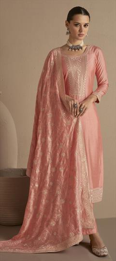 Festive, Party Wear Pink and Majenta color Salwar Kameez in Art Silk fabric with Palazzo, Straight Embroidered, Sequence, Thread, Zari work : 1866861