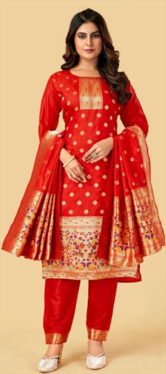 Party Wear Red and Maroon color Salwar Kameez in Art Silk fabric with Straight Weaving work : 1866917
